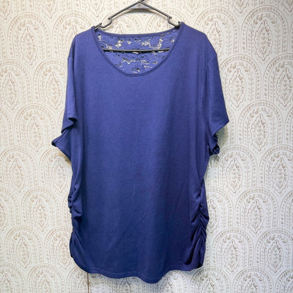 Massini Essentials Top Womens 3x Blue Lace Back Ruched Side Short Sleeve Blouse